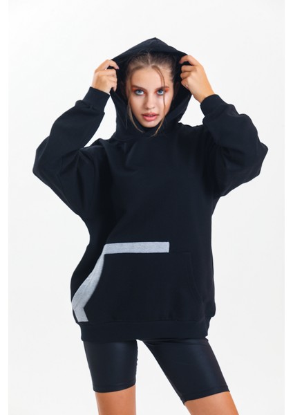 Siyah Kapüşonlu Çift Kanguru Cepli Oversize Sweatshirt