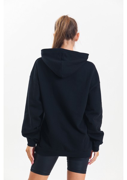 Siyah Kapüşonlu Çift Kanguru Cepli Oversize Sweatshirt