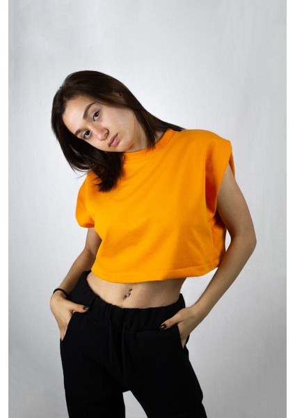 Turuncu Basic Kolsuz Crop Sweatshirt