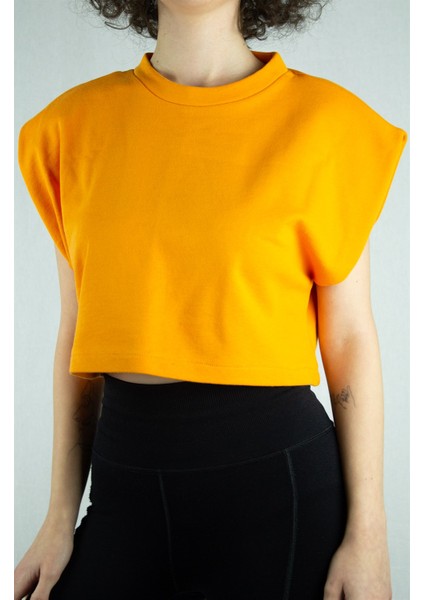 Turuncu Basic Kolsuz Crop Sweatshirt