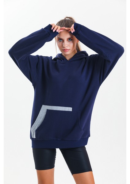 Lacivert Kapüşonlu Çift Kanguru Cepli Oversize Sweatshirt