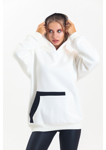 Ekru Kapüşonlu Çift Kanguru Cepli Oversize Sweatshirt