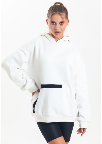 Ekru Kapüşonlu Çift Kanguru Cepli Oversize Sweatshirt