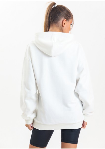 Ekru Kapüşonlu Çift Kanguru Cepli Oversize Sweatshirt