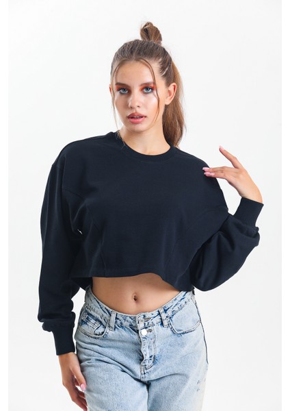 Siyah Oversize Crop Sweatshirt