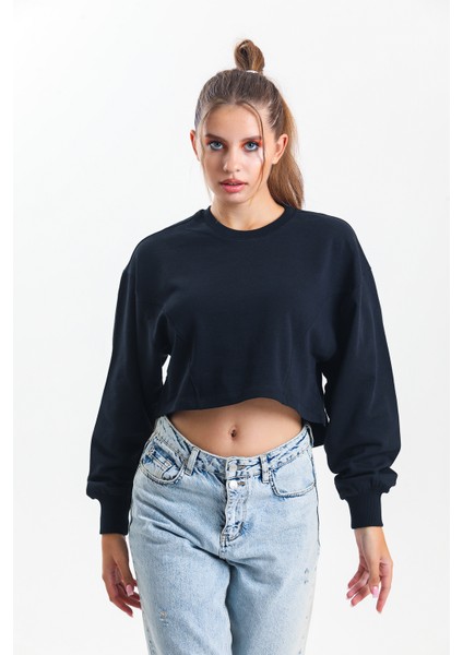 Siyah Oversize Crop Sweatshirt