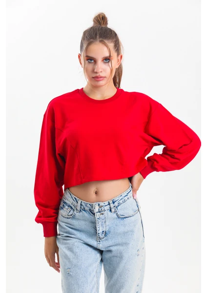 Kırmızı Oversize Crop Sweatshirt