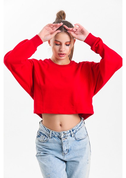 Kırmızı Oversize Crop Sweatshirt