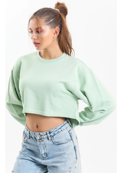 Su Yeşili Oversize Crop Sweatshirt