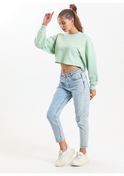 Su Yeşili Oversize Crop Sweatshirt