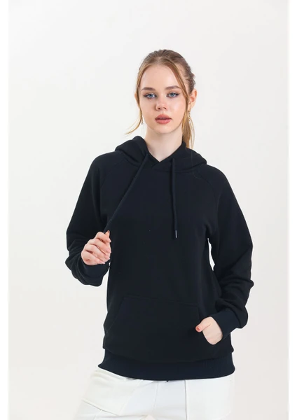 Siyah Kapüşonlu Kanguru Cepli Basic Sweatshirt