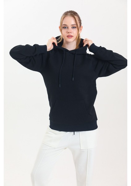 Siyah Kapüşonlu Kanguru Cepli Basic Sweatshirt