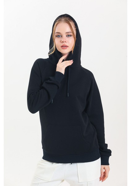 Siyah Kapüşonlu Kanguru Cepli Basic Sweatshirt