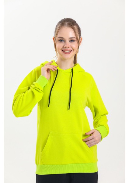 Limon Sarısı Kapüşonlu Kanguru Cepli Basic Sweatshirt