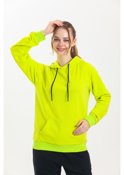 Limon Sarısı Kapüşonlu Kanguru Cepli Basic Sweatshirt