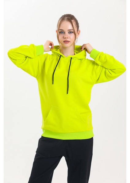 Limon Sarısı Kapüşonlu Kanguru Cepli Basic Sweatshirt