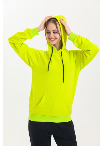 Limon Sarısı Kapüşonlu Kanguru Cepli Basic Sweatshirt