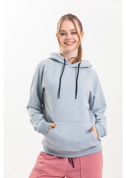 Gri Kapüşonlu Kanguru Cepli Basic Sweatshirt