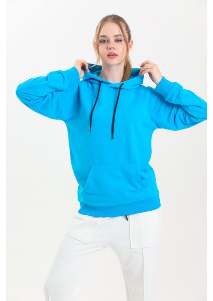 Turkuaz Kapüşonlu Kanguru Cepli Basic Sweatshirt