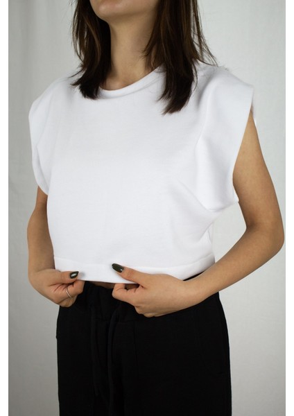 Beyaz Basic Kolsuz Crop Sweatshirt modelleri