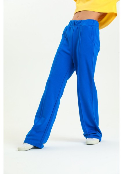 Saks Mavisi Yüksek Bel Geniş Paça Eşofman Altı modelleri