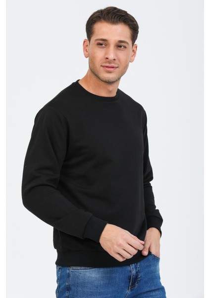 Siyah Kapüşonsuz Bisiklet Yaka Basic Sweatshirt