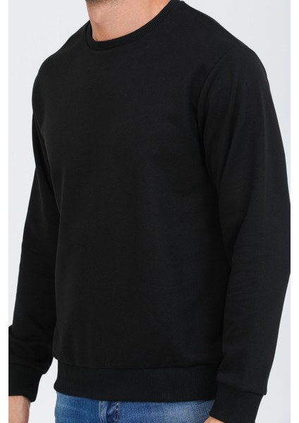 Siyah Kapüşonsuz Bisiklet Yaka Basic Sweatshirt fiyatları