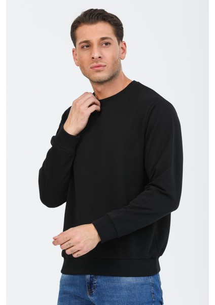 Siyah Kapüşonsuz Bisiklet Yaka Basic Sweatshirt modelleri