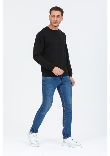Siyah Kapüşonsuz Bisiklet Yaka Basic Sweatshirt fırsatları