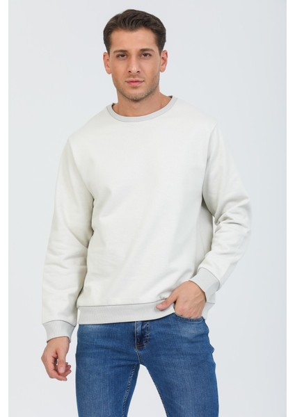 Bej Kapüşonsuz Bisiklet Yaka Basic Sweatshirt