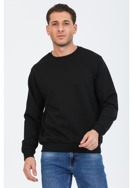 Siyah Kapüşonsuz Bisiklet Yaka Basic Sweatshirt indirimleri