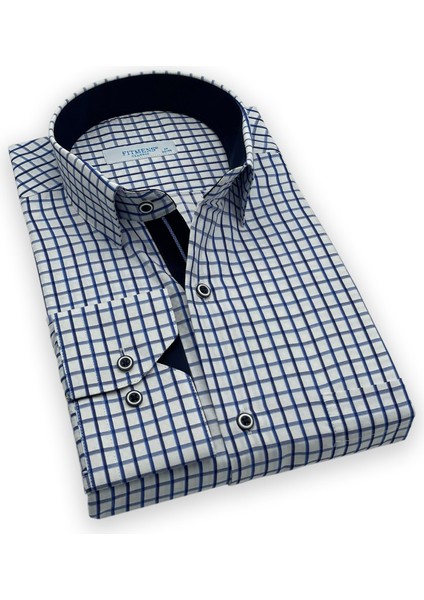 Erkek Klasik Uzun Kol Renkli Kareli Kutulu Gömlek - Beyaz Lacivert fiyatları