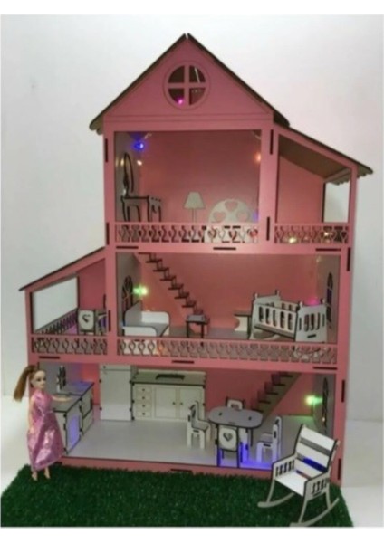 Mys Ahşap Işıklı ve Bahçeli Ahşap Barbie Bebek Oyun Evi