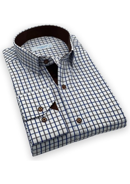 Erkek Klasik Uzun Kol Renkli Kareli Kutulu Gömlek - Beyaz Kahve fiyatları