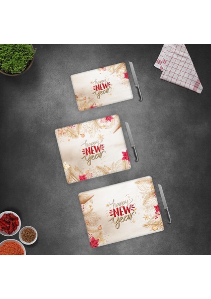 Cam Kesme Tahtası - Cam Kesme Tablası | Happy New Year - Gold | 3'lü Takım