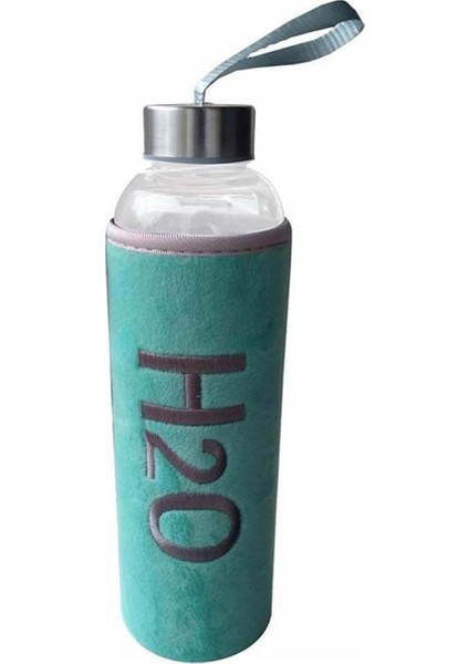 Borosilikat H20 Desenli Peluş Kılıflı Cam Matara Mint Yeşil 600 ml