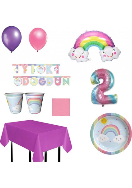 Gökkuşağı Temalı Full 2 Yaş Kız Cocuk Parti Seti 16 Kişilik