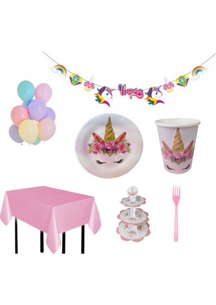 Unicorn Çiçek Temalı Full Kız Doğum Günü Seti 16 Kişilik