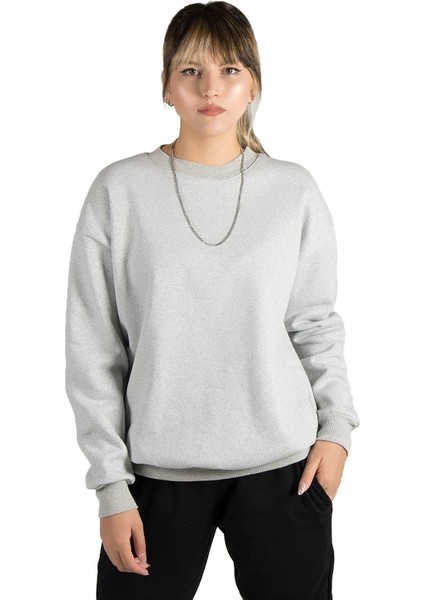Kadın Gri Oversize Üç Iplik Şardonlu Bisiklet Yaka Sweatshirt 22K-5200177-5