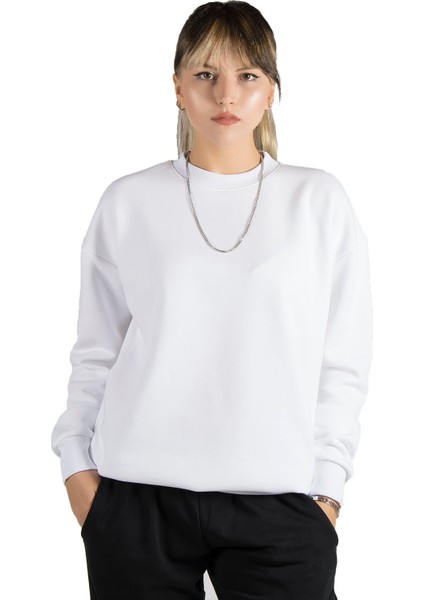 Kadın Beyaz Oversize Üç Iplik Şardonlu Bisiklet Yaka Sweatshirt 22K-5200177-5