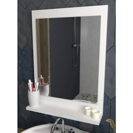 Sezer Mobilya Raflı Dikey Ayna 60X45CM Beyaz Dresuar Koridor Duvar Salon Banyo Wc Ofis Yatak Odası Aynası dikey