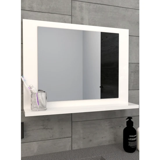 Sezer Mobilya  60X45CM Beyaz Raflı Yatay Banyo Aynası Dresuar Koridor Duvar Salon Wc Ofis Yatak Odası Ayna