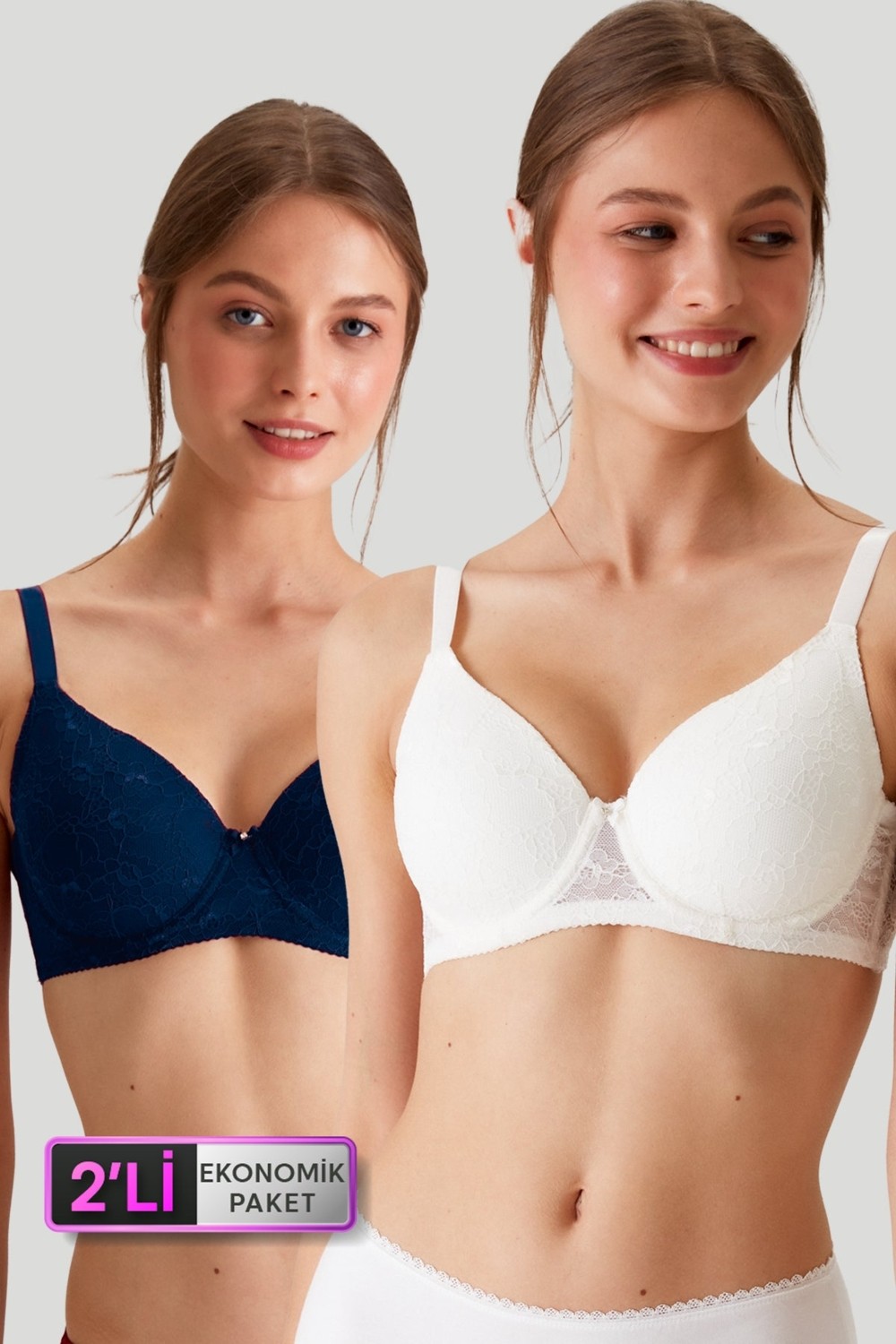 Pierre Cardin 2'li Ekonomik Paket Ekru-Lacivert 6224 Barcelona Balenli Desteksiz Dantelli Toparlayıcı Sütyen Set (C Cup Seçeneğiyle)