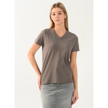 Denim Trip Slim Fit V Yaka Gri Kadın T-shirt