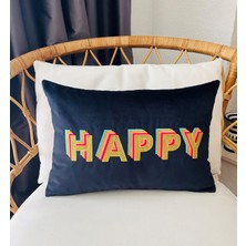 Ge Living Happy Desenli Lacivert Kadife Dekoratif Kırlent Kılıfı ( 35 cm x 50 cm )