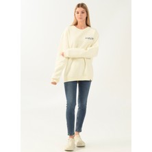 Denim Trip Bisiklet Yaka Nakışlı Ekru Kadın Sweatshirt DT10063-5 Ekru