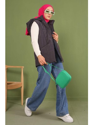 İmaj Butik Füme Kadın Kapüşonlu Astarlı Fermuarlı Gizli Cep Detaylı Şişme Yelek