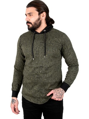 Deepsea Piksel Detaylı Kolları Ribanalı Eteği Oval Kesim Kapüşonlu Erkek Sweatshirt 2303084