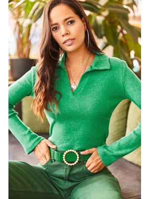 MK Kaya Fashion Kadın Polo Yaka Şardonlu Kaşkorse Bluz