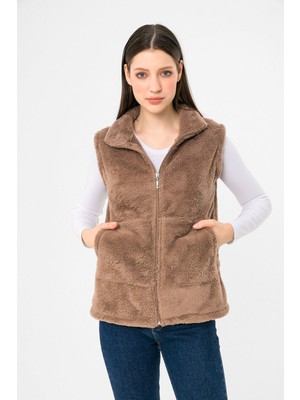 Etkimod Kadın Vizon Dik Yaka Fermuarlı Peluş Yelek